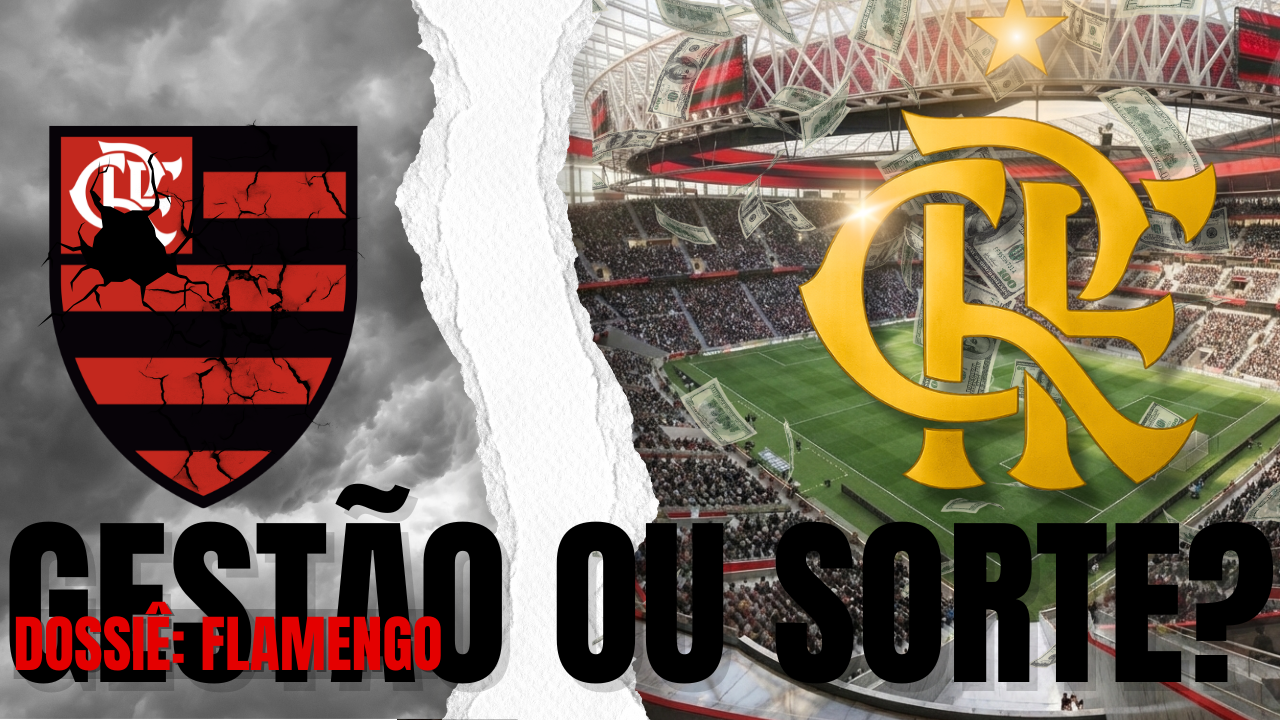 de um lado o brasão antigo do flamengo com rachaduras e um céu bem escuro de chuva à vista, do lado direito, o novo brasão do flamengo dourado com a projeção do novo estádio que está sendo construído